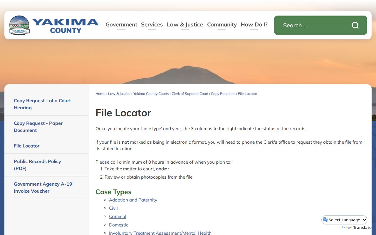 Yakima County Superior Court File Locator for historical criminal records
