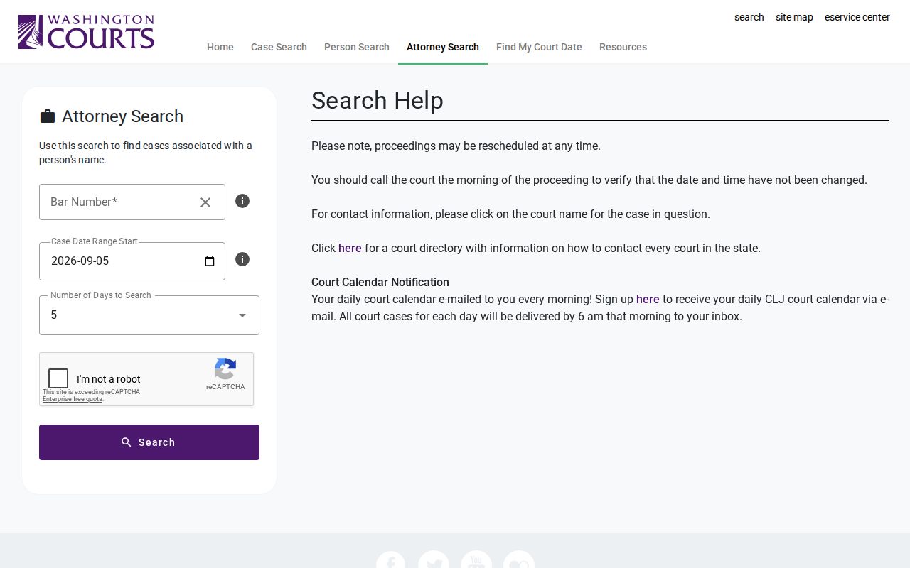 Yakima County case search by attorney calendar
