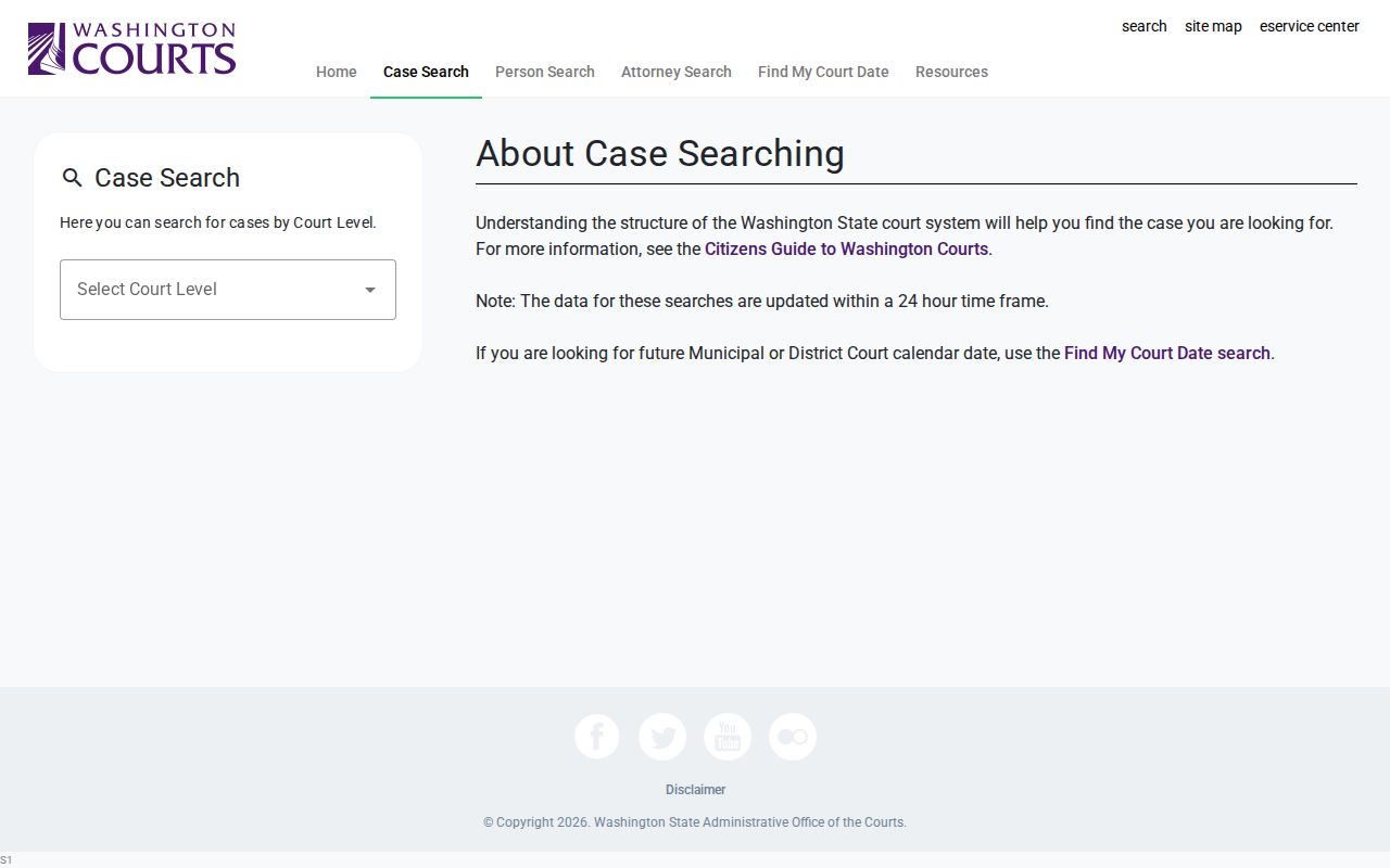 Yakima County case search fields in Washington Case Search