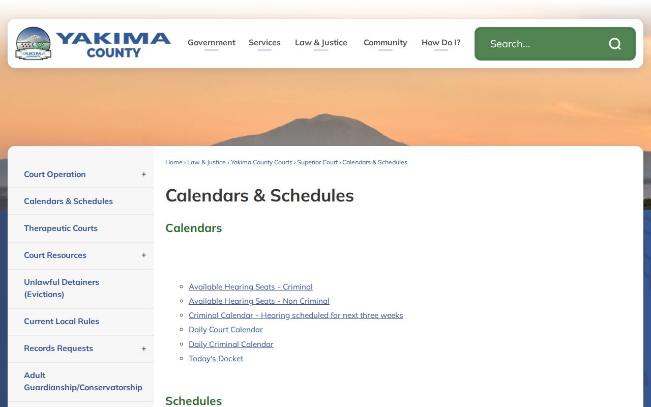 Yakima County court calendar and schedules page