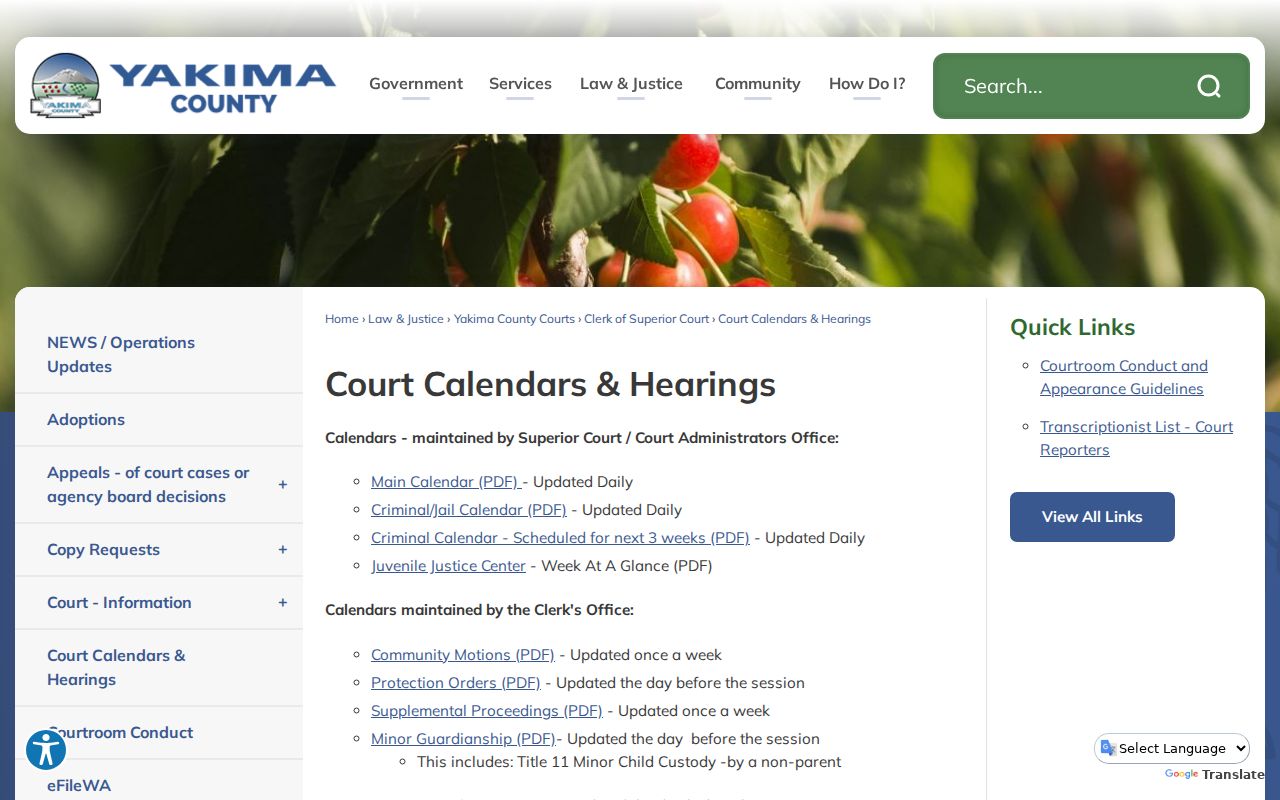 Yakima County court calendar hearings collection