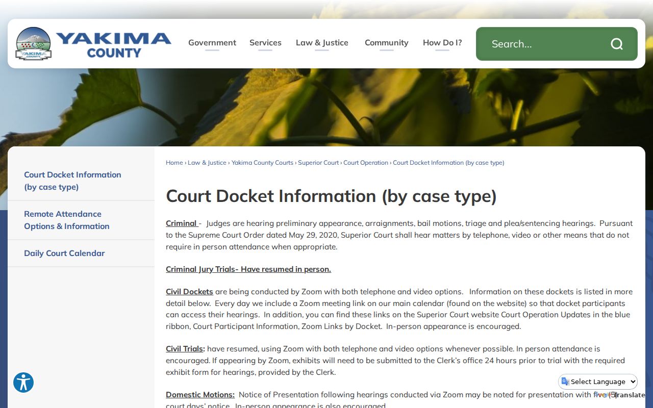 Yakima County court docket attendance rules by case type