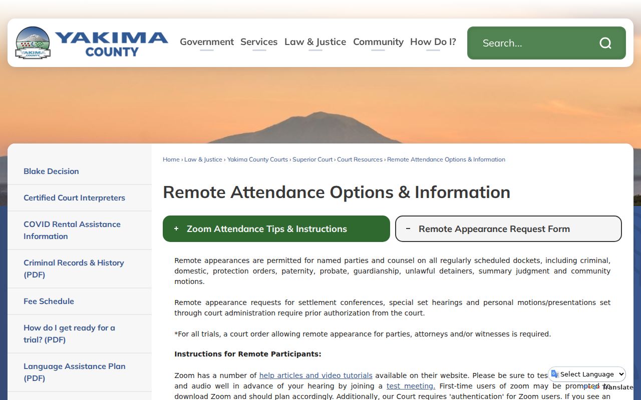 Yakima County court calendar remote attendance request
