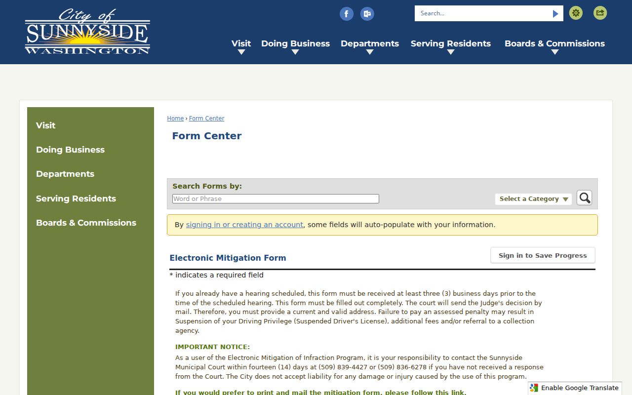 Sunnyside Municipal Court electronic mitigation form