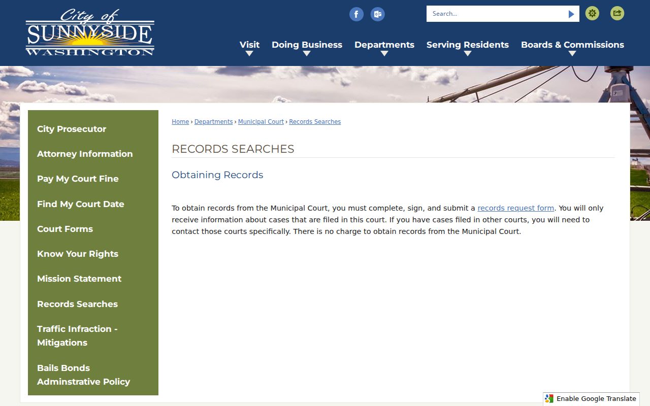Sunnyside Municipal Court local records search page